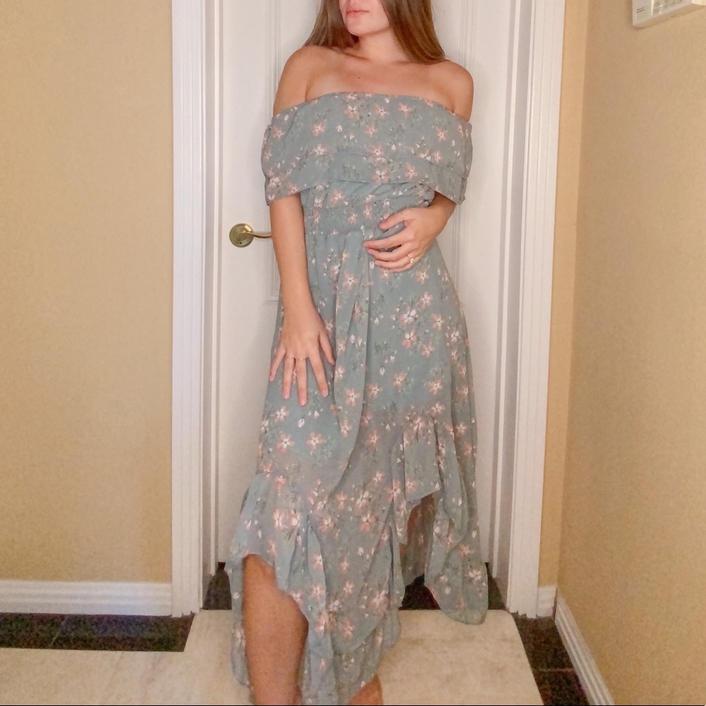 Nasty Gal: Bardot Ruffle Floral Midi Dress - Sage